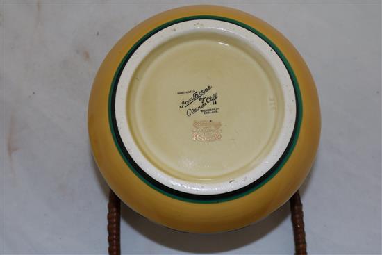 A Clarice Cliff Feather and Leaves pattern biscuit barrel, height to finial 16.5cm (6.5in.)